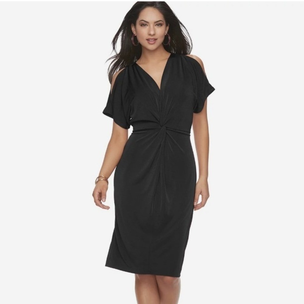 Jennifer Lopez Sheath Dress Black Twist Front Split Sleeve LBD Event Wedding XS